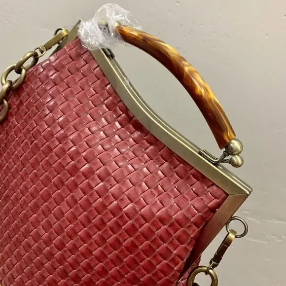 Handmade Genuine Woven Leather Double Kisslock Top Handle Bag & 2 Straps Style